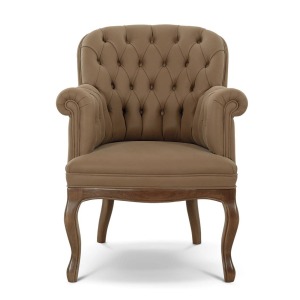 Poltrona in pelle con base in legno tinto noce.