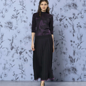 Complete purple top and pleated black skirt