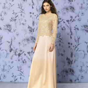 Long dress with golden body and fishing skirt