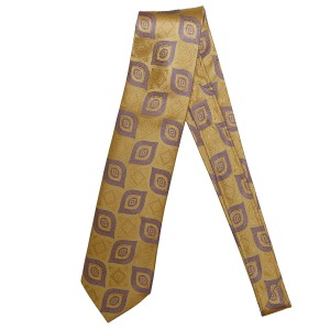 Cravatta sartoriale in seta premium, motivo medaglioni viola su sfondo giallo, realizzata a mano in Italia

 
