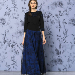 Blue long skirt with floral pattern